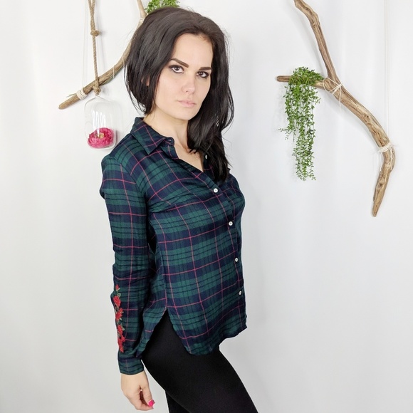 CURRENT AIR green plaid rose embroidery top 0745 - Picture 4 of 8